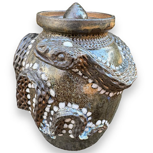 Ben North 7.75" Wood Fired Lidded Snake Jar with Moonstone "Pearls" DP3758